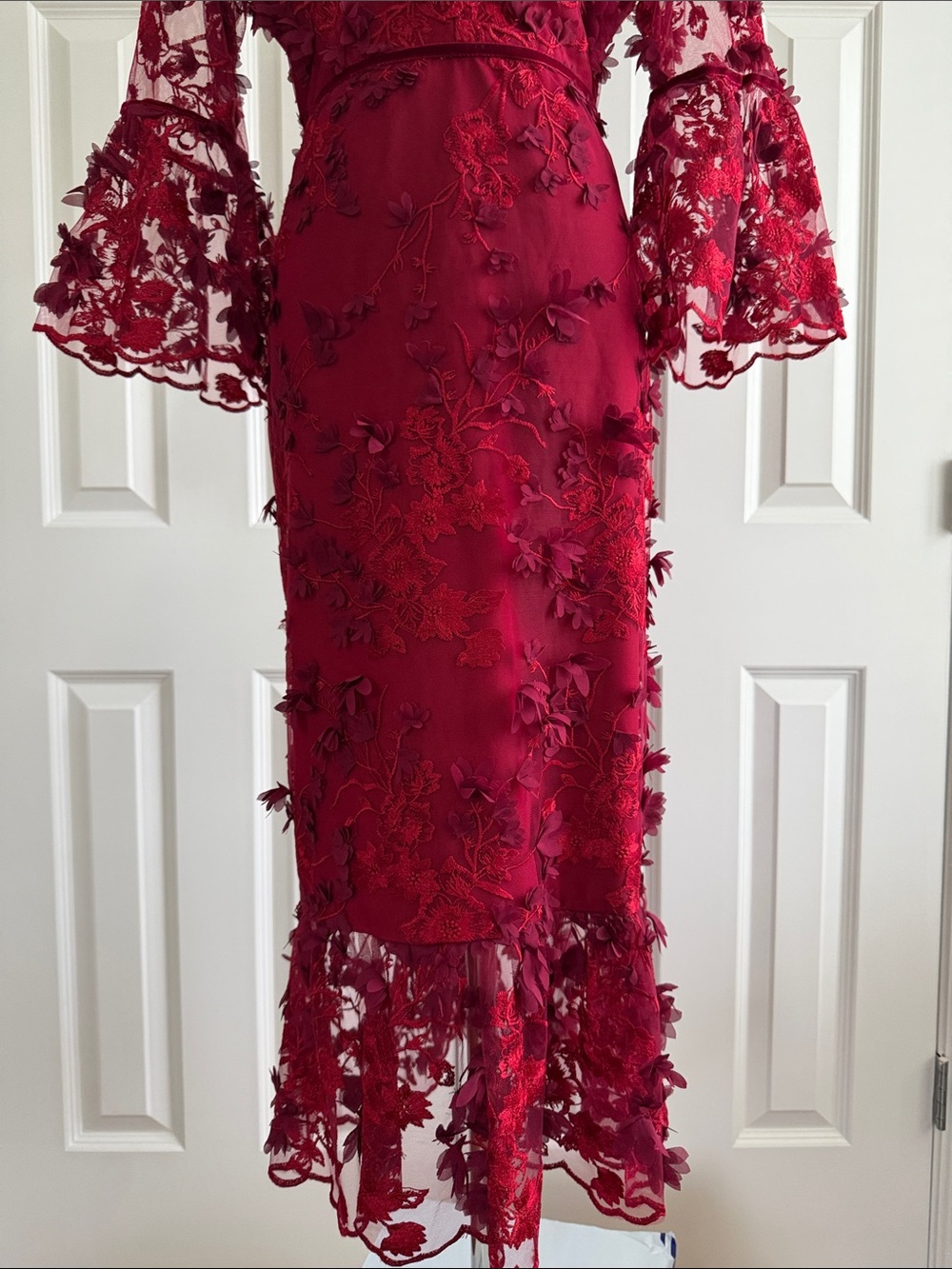 Marchesa Notte Red Lace Midi Dress 3d Floral Appliqué Mesh Wedding Guest Size 10 - Picture 6 of 17